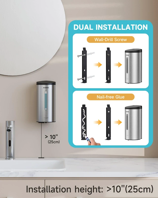 Alt view image 2 of 7 - Automatic Liquid Soap Dispenser,25oz Capacity for Bathroom,Brushed | No-Drill and Screw Wall Mount Install Design for Space-Saving,4*AA batteries(Not Included) Ensure Long Standby,Model AK1205E
