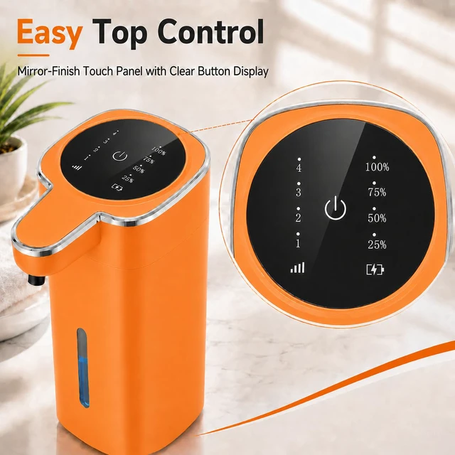 Alt view image 3 of 7 - Automatic Liquid Soap Dispenser Touchless, USB Rechargeable (Orange) | 14.2 oz Automatic Soap Dispenser, 4 Adjustable Levels, Touchless Hand Soap Dispenser for Bathroom and Kitchen Sink