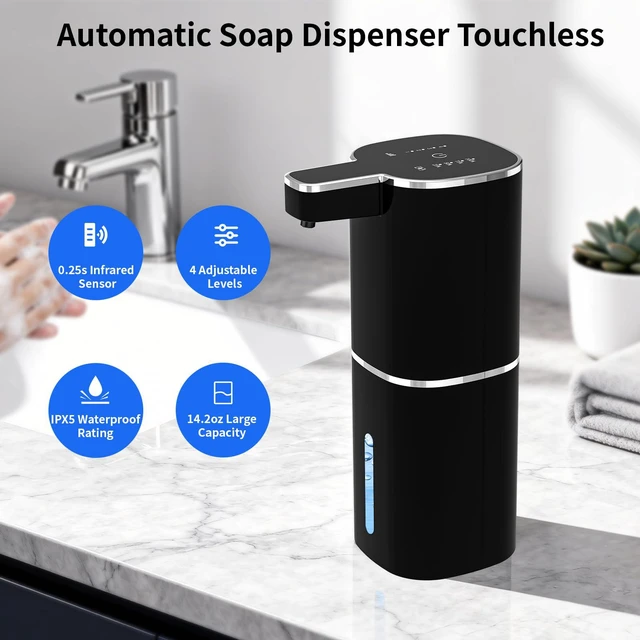 Alt view image 2 of 7 - Automatic Foaming Soap Dispenser, USB Rechargeable (Black, Foaming) | Touchless 14.2 oz Foaming Soap Dispenser with 4 Adjustable Levels for Bathroom and Kitchen