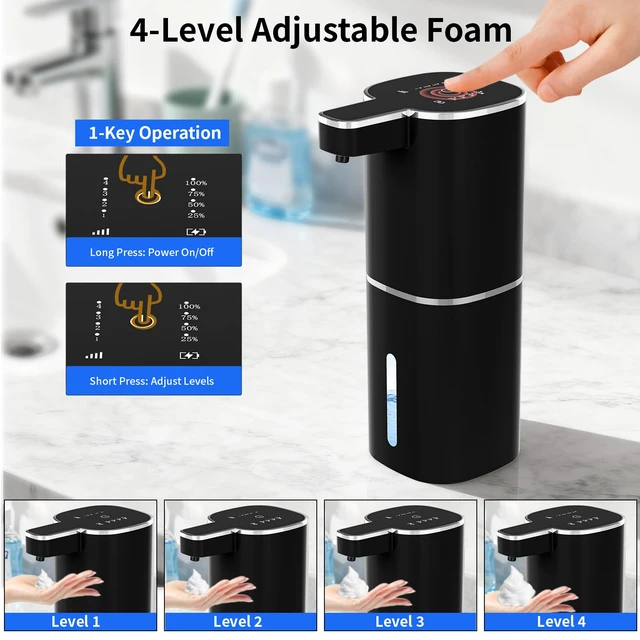 Alt view image 3 of 7 - Automatic Foaming Soap Dispenser, USB Rechargeable (Black, Foaming) | Touchless 14.2 oz Foaming Soap Dispenser with 4 Adjustable Levels for Bathroom and Kitchen