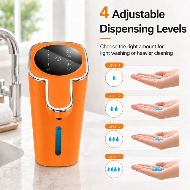 Alt view image 4 of 7 - Automatic Liquid Soap Dispenser Touchless, USB Rechargeable (Orange) | 14.2 oz Automatic Soap Dispenser, 4 Adjustable Levels, Touchless Hand Soap Dispenser for Bathroom and Kitchen Sink