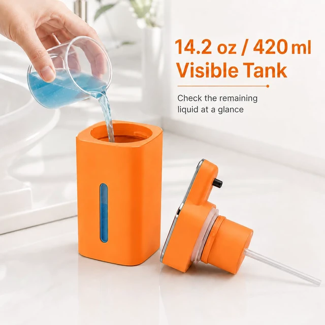 Alt view image 6 of 7 - Automatic Liquid Soap Dispenser Touchless, USB Rechargeable (Orange) | 14.2 oz Automatic Soap Dispenser, 4 Adjustable Levels, Touchless Hand Soap Dispenser for Bathroom and Kitchen Sink