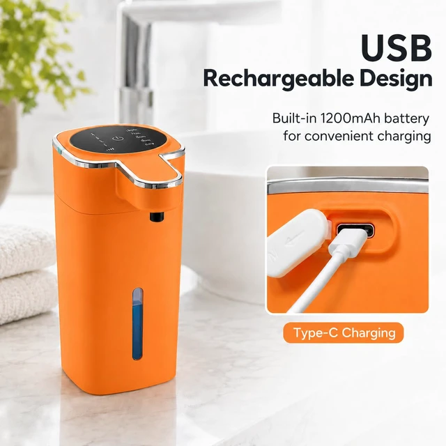 Alt view image 5 of 7 - Automatic Liquid Soap Dispenser Touchless, USB Rechargeable (Orange) | 14.2 oz Automatic Soap Dispenser, 4 Adjustable Levels, Touchless Hand Soap Dispenser for Bathroom and Kitchen Sink