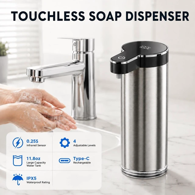Alt view image 2 of 7 - Automatic Liquid Soap Dispenser Touchless (Stainless Steel Black, Liquid) | 11.8 oz Capacity, 4 Adjustable Levels, USB Rechargeable Stainless Steel Hand Soap Dispenser for Kitchen & Bathroom Sinks
