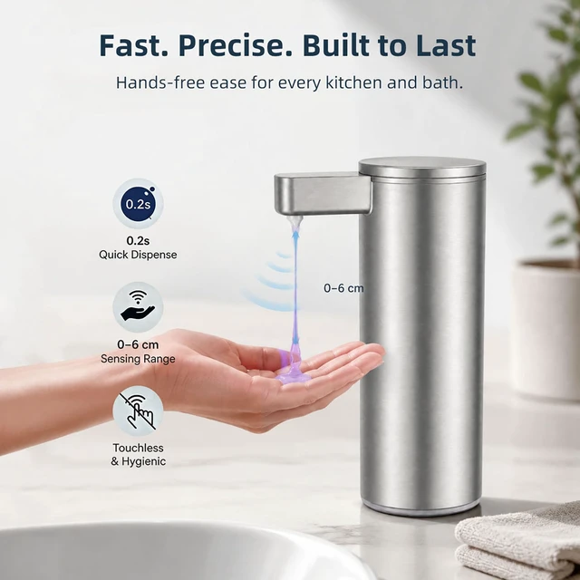 Alt view image 2 of 7 - Automatic Soap Dispenser - 9 oz Touchless Liquid Soap Dispenser for Kitchen and Bathroom, Rechargeable with 3 Adjustable Modes, Stainless Steel, USB Charging