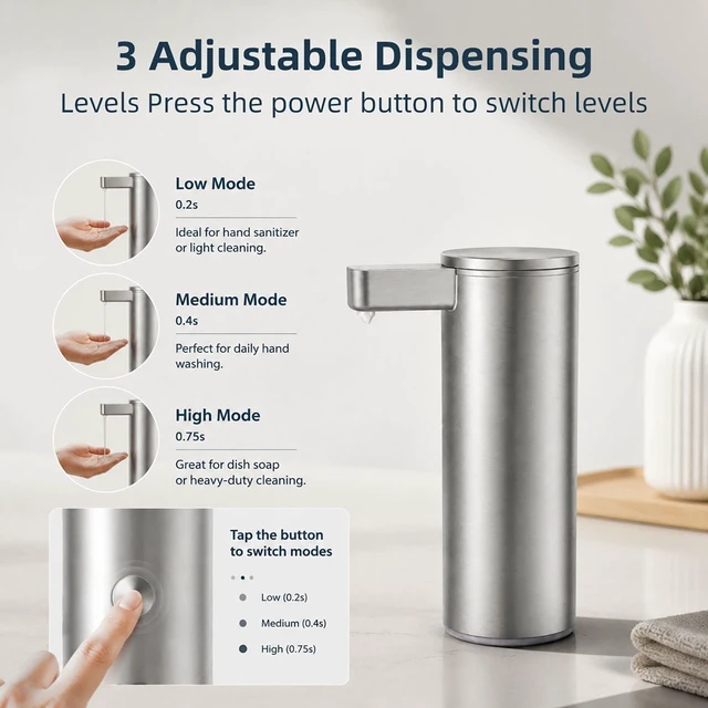 Alt view image 3 of 7 - Automatic Soap Dispenser - 9 oz Touchless Liquid Soap Dispenser for Kitchen and Bathroom, Rechargeable with 3 Adjustable Modes, Stainless Steel, USB Charging