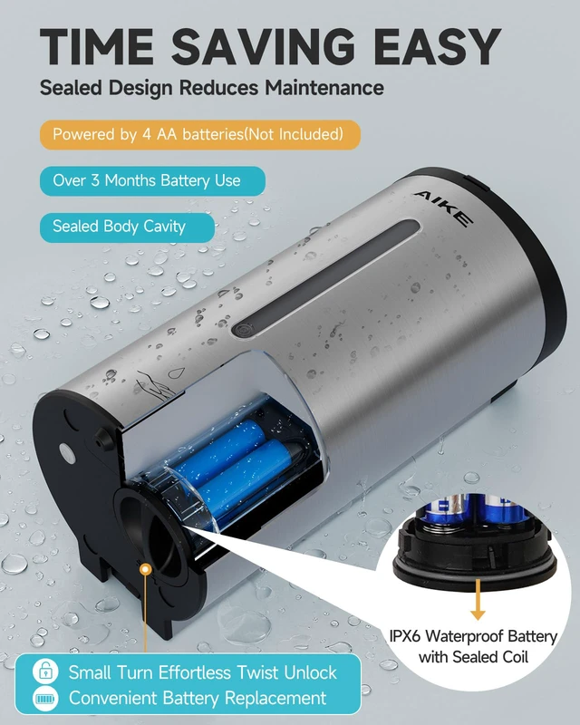 Alt view image 3 of 7 - Automatic Liquid Soap Dispenser,25oz Capacity for Bathroom,Brushed | No-Drill and Screw Wall Mount Install Design for Space-Saving,4*AA batteries(Not Included) Ensure Long Standby,Model AK1205E