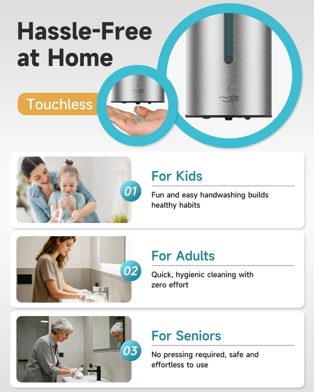 Alt view image 6 of 7 - Automatic Liquid Soap Dispenser,25oz Capacity for Bathroom,Brushed | No-Drill and Screw Wall Mount Install Design for Space-Saving,4*AA batteries(Not Included) Ensure Long Standby,Model AK1205E