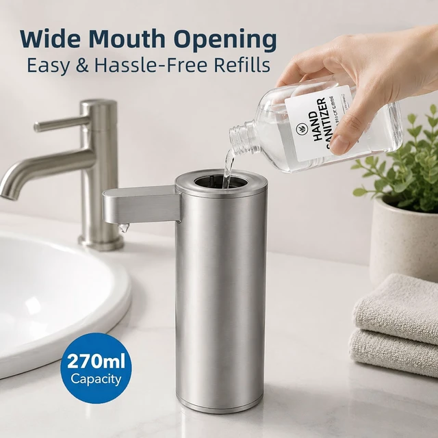 Alt view image 7 of 7 - Automatic Soap Dispenser - 9 oz Touchless Liquid Soap Dispenser for Kitchen and Bathroom, Rechargeable with 3 Adjustable Modes, Stainless Steel, USB Charging