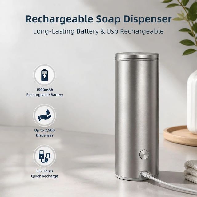 Alt view image 5 of 7 - Automatic Soap Dispenser - 9 oz Touchless Liquid Soap Dispenser for Kitchen and Bathroom, Rechargeable with 3 Adjustable Modes, Stainless Steel, USB Charging