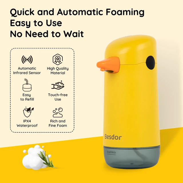 Alt view image 2 of 7 - Automatic Foaming Soap Dispenser, Yellow Duck Touchless for Kids | Cute Soap Dispenser for Bathroom & Kitchen Sinks, Hands-Free Infrared Sensor, Battery Powered Pump, Waterproof Design