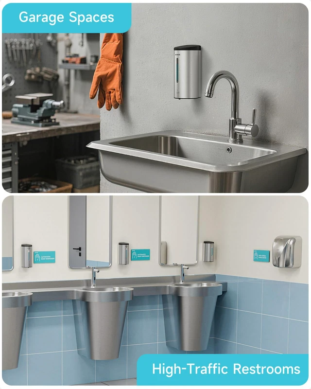 Alt view image 7 of 7 - Automatic Liquid Soap Dispenser,25oz Capacity for Bathroom,Brushed | No-Drill and Screw Wall Mount Install Design for Space-Saving,4*AA batteries(Not Included) Ensure Long Standby,Model AK1205E