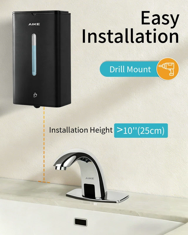 Alt view image 2 of 7 - Automatic Foam Soap Dispenser 33.8oz for Bathroom,Matteblack AK1207FA | Rich Foam and Steel Finish,5-Level Adjustable and Key for Commercial(Battery Not Included),Screw Wall Mount for Space-Saving