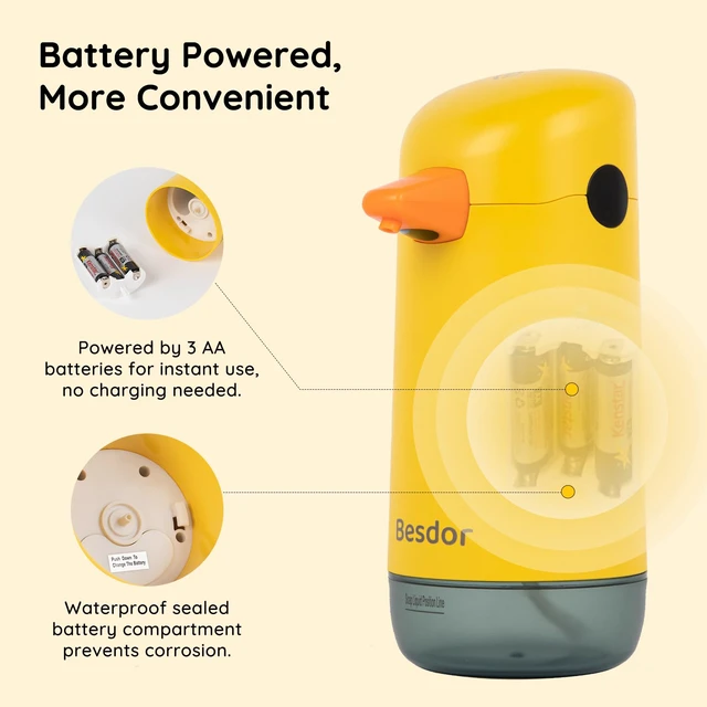 Alt view image 6 of 7 - Automatic Foaming Soap Dispenser, Yellow Duck Touchless for Kids | Cute Soap Dispenser for Bathroom & Kitchen Sinks, Hands-Free Infrared Sensor, Battery Powered Pump, Waterproof Design
