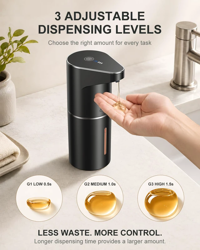 Alt view image 4 of 7 - Automatic Liquid Soap Dispenser, 3 Levels for Kitchen and Bath | For Hand and Dish Soap, Responsive Sensor, Type-C Charging, 90-day Use, Wall Mountable, IPX5 Waterproof, 350ML, Black Gel
