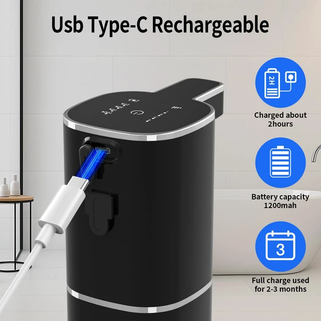 Alt view image 4 of 7 - Automatic Foaming Soap Dispenser, USB Rechargeable (Black, Foaming) | Touchless 14.2 oz Foaming Soap Dispenser with 4 Adjustable Levels for Bathroom and Kitchen