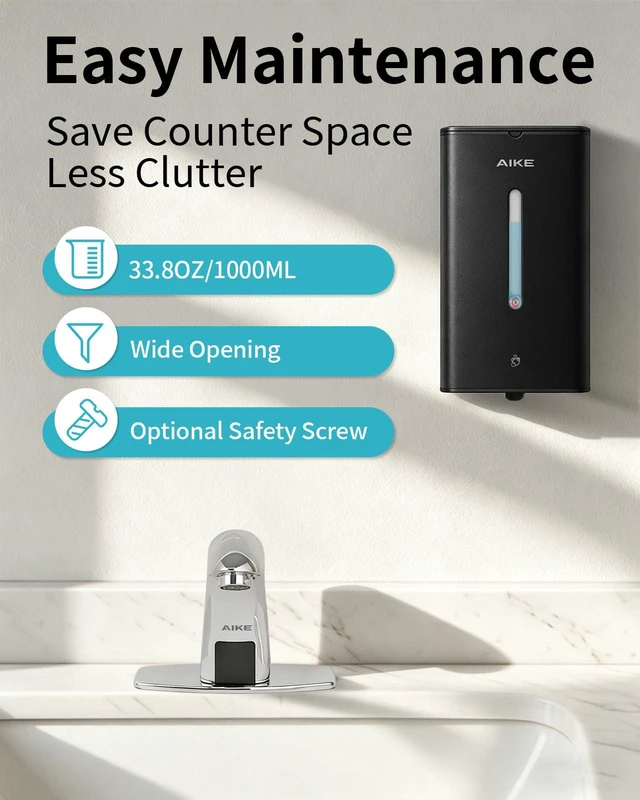 Alt view image 6 of 7 - Automatic Foam Soap Dispenser 33.8oz for Bathroom,Matteblack AK1207FA | Rich Foam and Steel Finish,5-Level Adjustable and Key for Commercial(Battery Not Included),Screw Wall Mount for Space-Saving