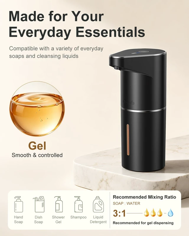 Alt view image 3 of 7 - Automatic Liquid Soap Dispenser, 3 Levels for Kitchen and Bath | For Hand and Dish Soap, Responsive Sensor, Type-C Charging, 90-day Use, Wall Mountable, IPX5 Waterproof, 350ML, Black Gel