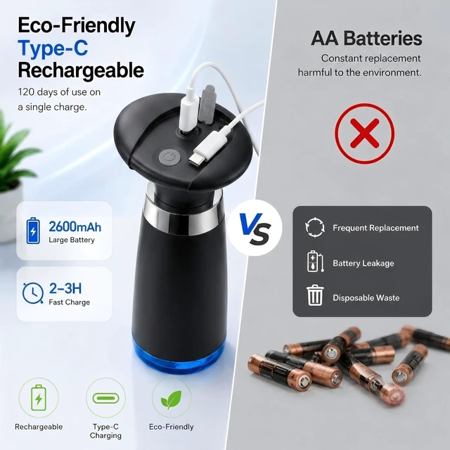 Alt view image 5 of 7 - Automatic Foaming Soap Dispenser - Type-C Rechargeable Touchless Soap Pump for Kitchen Sink, Bathroom & Garage, 350ml (12 fl.oz) with Auto-Clean Mode, Modern Heavy Duty Smart Home Gadget, Black