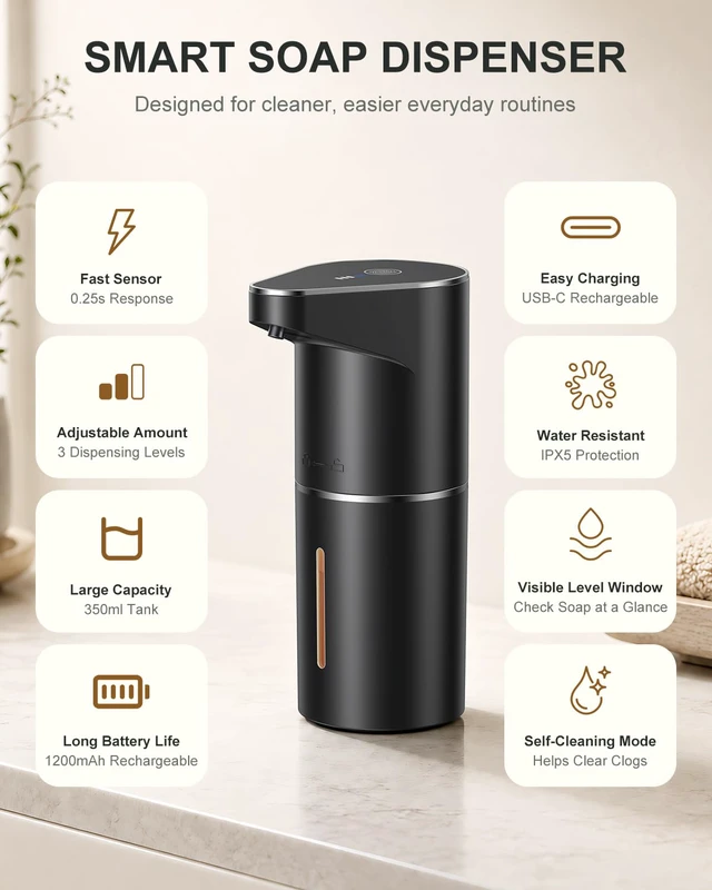 Alt view image 7 of 7 - Automatic Liquid Soap Dispenser, 3 Levels for Kitchen and Bath | For Hand and Dish Soap, Responsive Sensor, Type-C Charging, 90-day Use, Wall Mountable, IPX5 Waterproof, 350ML, Black Gel