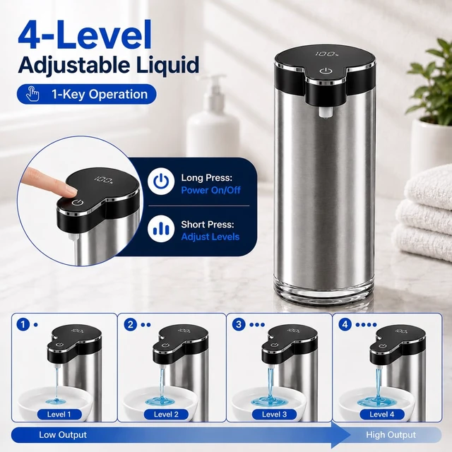 Alt view image 5 of 7 - Automatic Liquid Soap Dispenser Touchless (Stainless Steel Black, Liquid) | 11.8 oz Capacity, 4 Adjustable Levels, USB Rechargeable Stainless Steel Hand Soap Dispenser for Kitchen & Bathroom Sinks