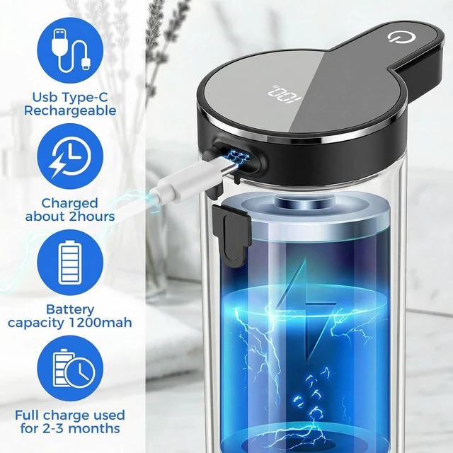 Alt view image 6 of 7 - Automatic Liquid Soap Dispenser Touchless (Stainless Steel Black, Liquid) | 11.8 oz Capacity, 4 Adjustable Levels, USB Rechargeable Stainless Steel Hand Soap Dispenser for Kitchen & Bathroom Sinks