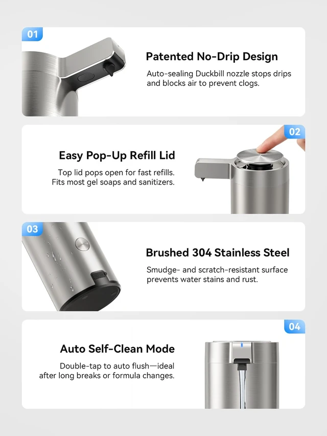Alt view image 6 of 7 - Touchless Automatic Soap Dispenser Clog-Free Pump, 0.2s Fast Sensor, USB-C Rechargeable, Smudge-Resistant Stainless Steel, for Kitchen & Bathroom Soap Dispenser