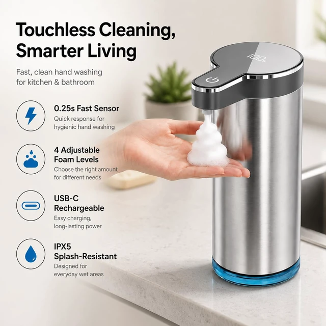 Alt view image 2 of 7 - Automatic Foaming Soap Dispenser(IPX5 Waterproof, 12oz/350ml | Touchless Rechargeable Soap Dispenser for Kitchen & Bathroom, Stainless Steel, 4 Adjustable Foam Levels, USB-C
