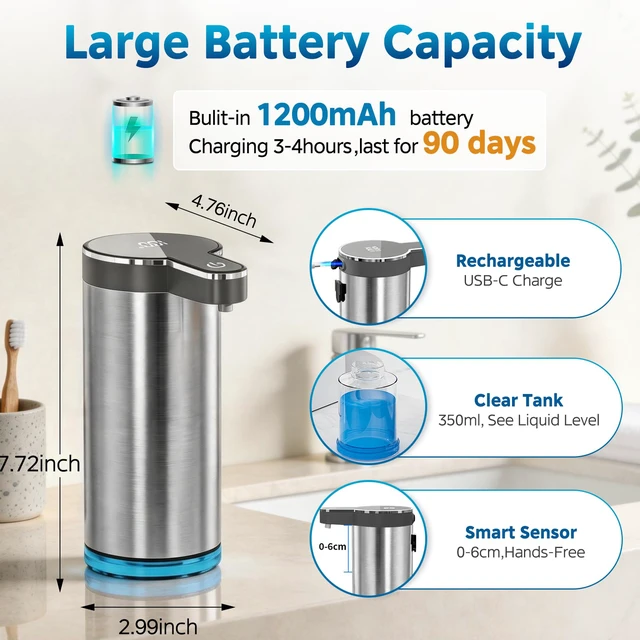 Alt view image 3 of 7 - Automatic Foaming Soap Dispenser(IPX5 Waterproof, 12oz/350ml | Touchless Rechargeable Soap Dispenser for Kitchen & Bathroom, Stainless Steel, 4 Adjustable Foam Levels, USB-C