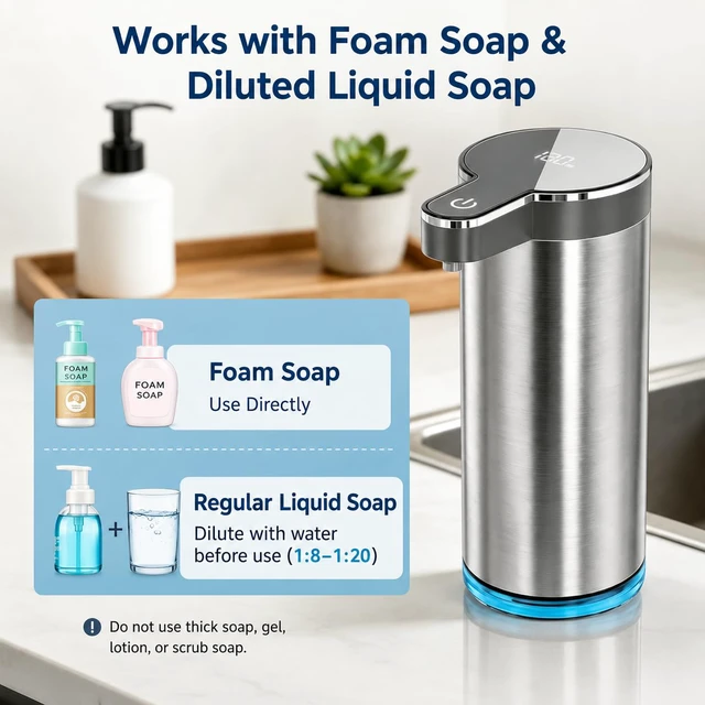 Alt view image 4 of 7 - Automatic Foaming Soap Dispenser(IPX5 Waterproof, 12oz/350ml | Touchless Rechargeable Soap Dispenser for Kitchen & Bathroom, Stainless Steel, 4 Adjustable Foam Levels, USB-C