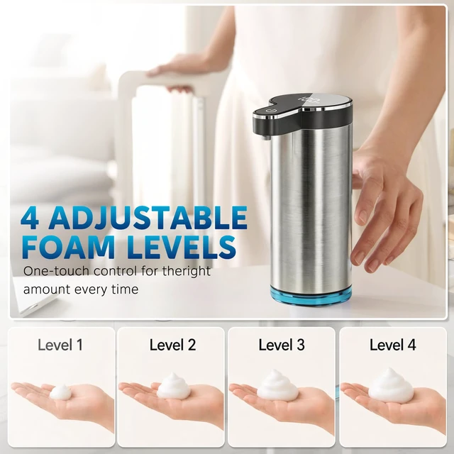Alt view image 5 of 7 - Automatic Foaming Soap Dispenser(IPX5 Waterproof, 12oz/350ml | Touchless Rechargeable Soap Dispenser for Kitchen & Bathroom, Stainless Steel, 4 Adjustable Foam Levels, USB-C