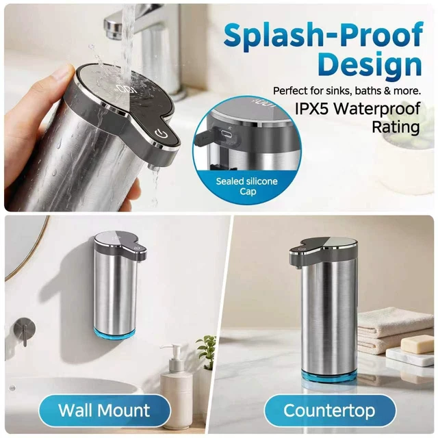 Alt view image 6 of 7 - Automatic Foaming Soap Dispenser(IPX5 Waterproof, 12oz/350ml | Touchless Rechargeable Soap Dispenser for Kitchen & Bathroom, Stainless Steel, 4 Adjustable Foam Levels, USB-C