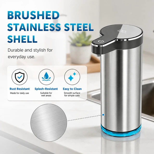 Alt view image 7 of 7 - Automatic Foaming Soap Dispenser(IPX5 Waterproof, 12oz/350ml | Touchless Rechargeable Soap Dispenser for Kitchen & Bathroom, Stainless Steel, 4 Adjustable Foam Levels, USB-C
