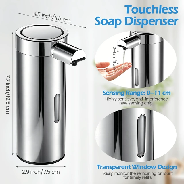 Alt view image 2 of 7 - Automatic Soap Dispenser Touchless Soap Dispenser, 360 ML Rechargeable Sensor Pump with 304 Stainless Steel, 3-Level Adjustable, Water-Resistant for Kitchen Bathroom, Silver