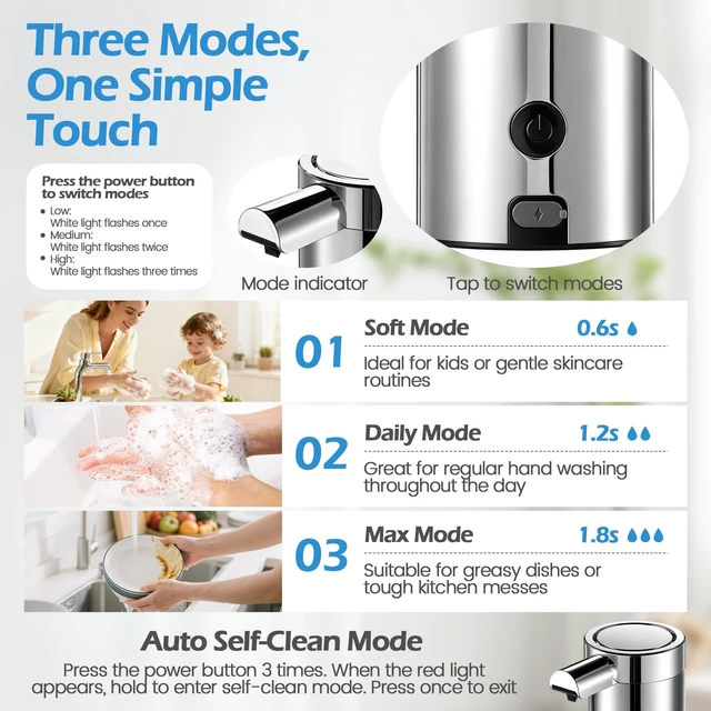 Alt view image 3 of 7 - Automatic Soap Dispenser Touchless Soap Dispenser, 360 ML Rechargeable Sensor Pump with 304 Stainless Steel, 3-Level Adjustable, Water-Resistant for Kitchen Bathroom, Silver
