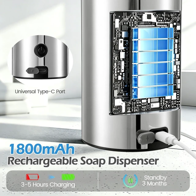 Alt view image 6 of 7 - Automatic Soap Dispenser Touchless Soap Dispenser, 360 ML Rechargeable Sensor Pump with 304 Stainless Steel, 3-Level Adjustable, Water-Resistant for Kitchen Bathroom, Silver