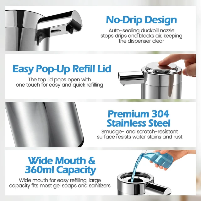 Alt view image 4 of 7 - Automatic Soap Dispenser Touchless Soap Dispenser, 360 ML Rechargeable Sensor Pump with 304 Stainless Steel, 3-Level Adjustable, Water-Resistant for Kitchen Bathroom, Silver