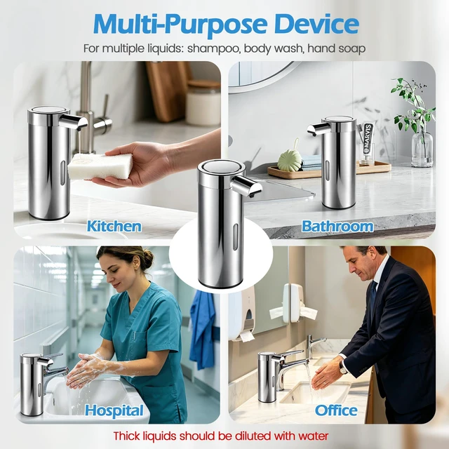 Alt view image 7 of 7 - Automatic Soap Dispenser Touchless Soap Dispenser, 360 ML Rechargeable Sensor Pump with 304 Stainless Steel, 3-Level Adjustable, Water-Resistant for Kitchen Bathroom, Silver