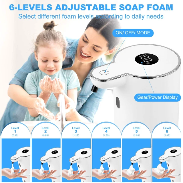 Alt view image 3 of 7 - Automatic Soap Dispenser,6-Level Foaming Hand Soap Dispenser,Touchless Dish Soap Dispenser for Kitchen Bathroom,Ipx5 Waterproof,1200mah Rechargeable,12.8oz/380ml,Wall Mount & Countertop