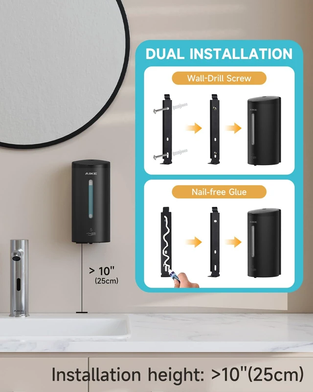 Alt view image 2 of 7 - Automatic Liquid Soap Dispenser,25oz Capacity for Bathroom,Matteblack | No-Drill and Screw Wall Mount Install Design for Space-Saving,4*AA batteries(Not Included) Ensure Long Standby,Model AK1205E