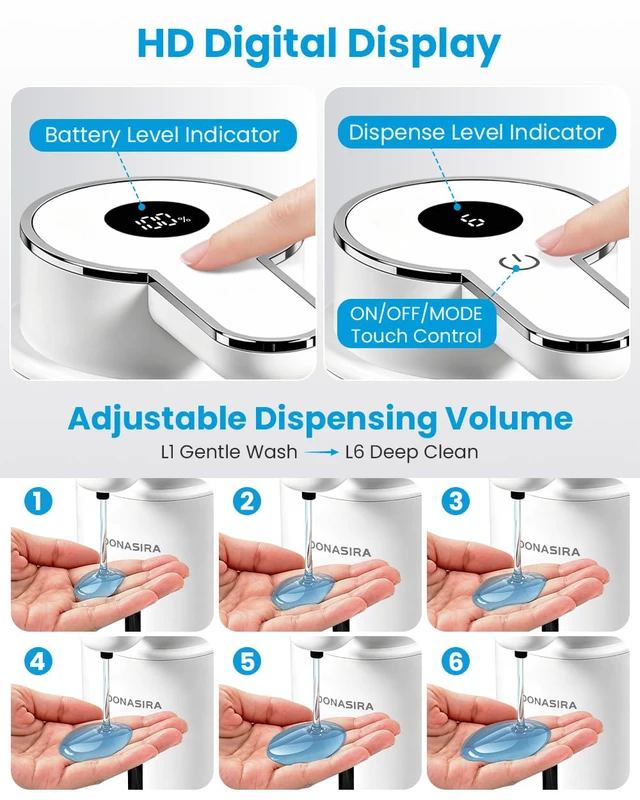 Alt view image 3 of 7 - Touchless Automatic Liquid Soap Dispenser, Rechargeable White | Clog-Free Pump,Whisper-Quiet Motor,6 Adjustable Levels,1200mah Battery,countertop & wall mount,IPX5,Kitchen & Bathroom
