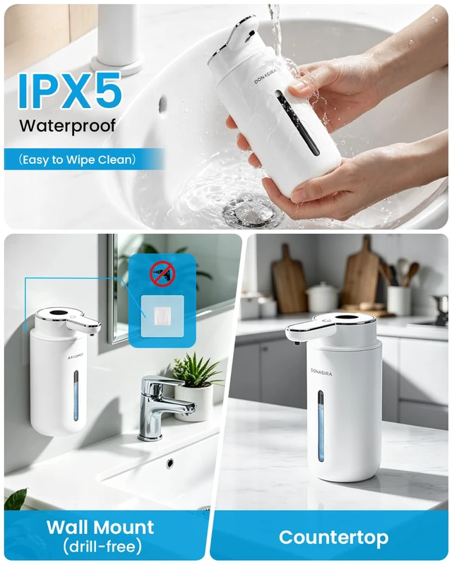 Alt view image 7 of 7 - Touchless Automatic Liquid Soap Dispenser, Rechargeable White | Clog-Free Pump,Whisper-Quiet Motor,6 Adjustable Levels,1200mah Battery,countertop & wall mount,IPX5,Kitchen & Bathroom