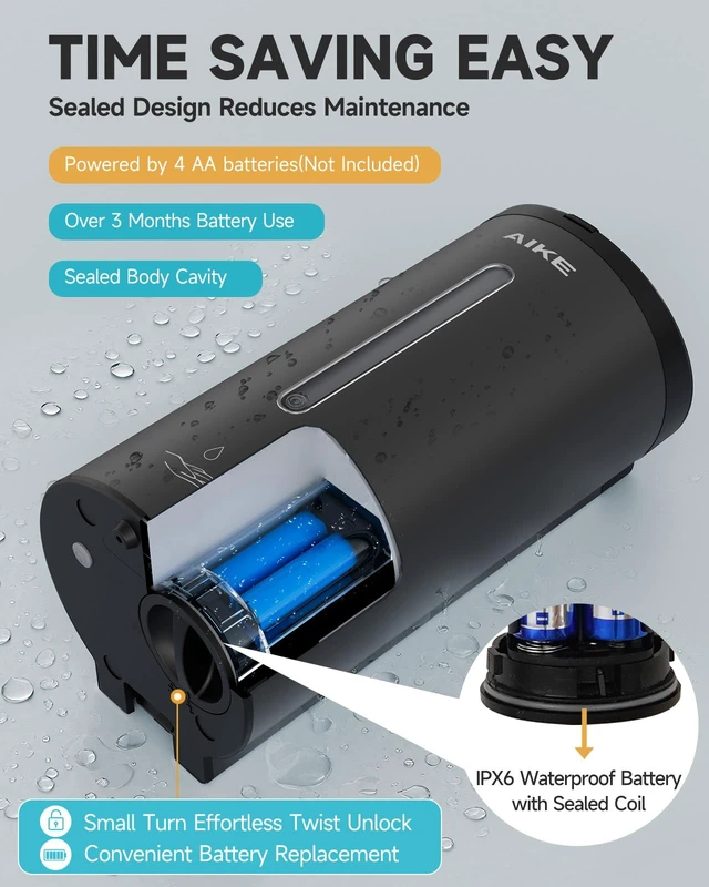 Alt view image 3 of 7 - Automatic Liquid Soap Dispenser,25oz Capacity for Bathroom,Matteblack | No-Drill and Screw Wall Mount Install Design for Space-Saving,4*AA batteries(Not Included) Ensure Long Standby,Model AK1205E