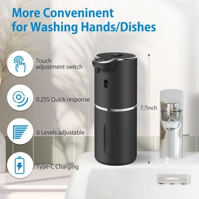 Alt view image 2 of 7 - Automatic Liquid Soap Dispenser with 6 Levels Soap Adjustable, Rechargeable | Digital Display, 12.8oz, Wall Mount, Waterproof, Touchless, Suitable for Hand & Dish Soap, Perfect for Kitchen,Bathroom
