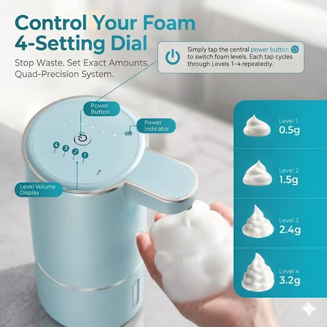 Alt view image 3 of 7 - P11 Seafoam Green Automatic Foaming Soap Dispenser, Touchless Sensor for Aesthetic Bathroom Decor, 4-Level Adjustable, USB-C Rechargeable 380ml, Wall Mounted or Countertop for Kitchen and Bathroom