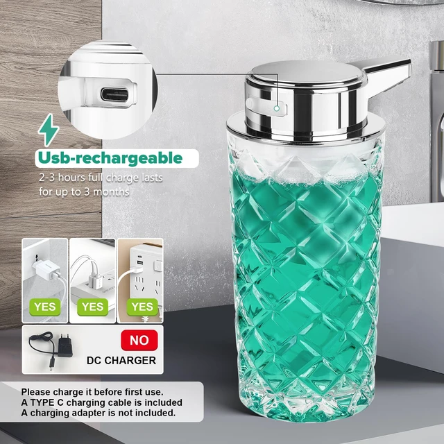 Alt view image 6 of 7 - Automatic Soap Dispenser Touchless Rechargeable Glass | 11 OZ, 3 Gears Adjustable Liquid Hand Dish Soap Dispenser for Kitchen Sink Bathroom