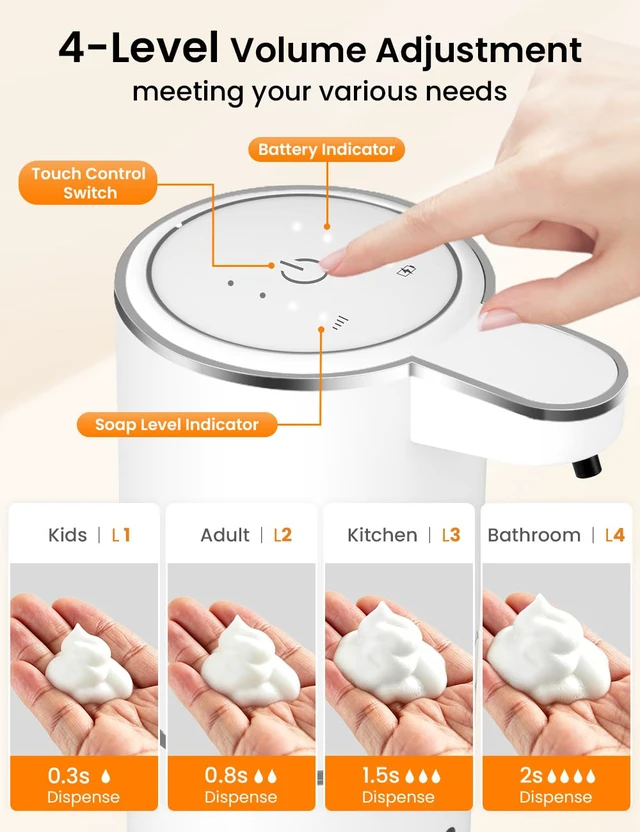 Alt view image 4 of 7 - Automatic Foaming Soap Dispenser Touchless Rechargeable,White | 12.8oz/380ml, 4 Adjustable Levels, long battery, Clog-Free, countertop & wall mount, IPX5 waterproof for kitchen & bathroom