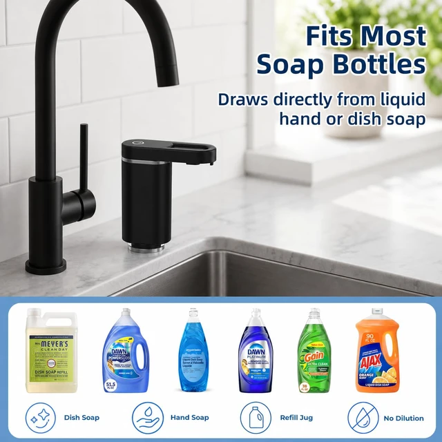 Alt view image 6 of 7 - Touch-Free Automatic Dish Soap Dispenser, Electric Sink Soap Pump | Leak-Proof Universal Fit, Plug-in Powered, Easy Installation & Sleek, 35" No-Spill Tube Kit for Kitchen & Bathroom, Black