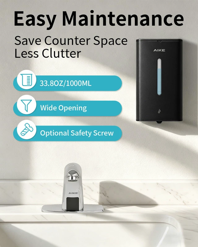 Alt view image 6 of 7 - Heavy Duty Automatic Soap Dispenser,33.8oz for Bathroom,Matteblack | 5-Level and Savety Key for Commercial(4*AA Batteries Not Included),Screw Wall Mount for Space-Saving,Stainless Steel AK1207