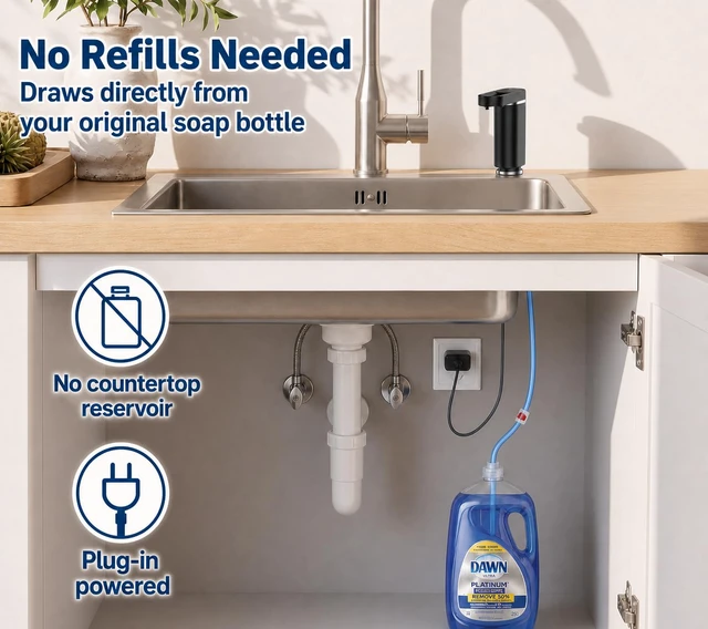 Alt view image 5 of 7 - Touch-Free Automatic Dish Soap Dispenser, Electric Sink Soap Pump | Leak-Proof Universal Fit, Plug-in Powered, Easy Installation & Sleek, 35" No-Spill Tube Kit for Kitchen & Bathroom, Black